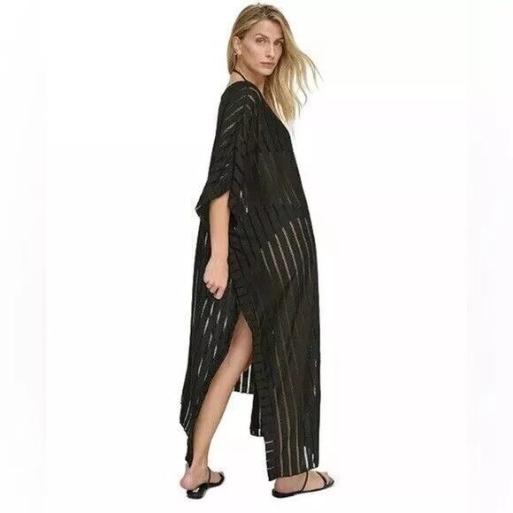 Calvin Klein Striped Maxi Caftan Cover-Up Black ONE SIZE - Picture 4 of 6